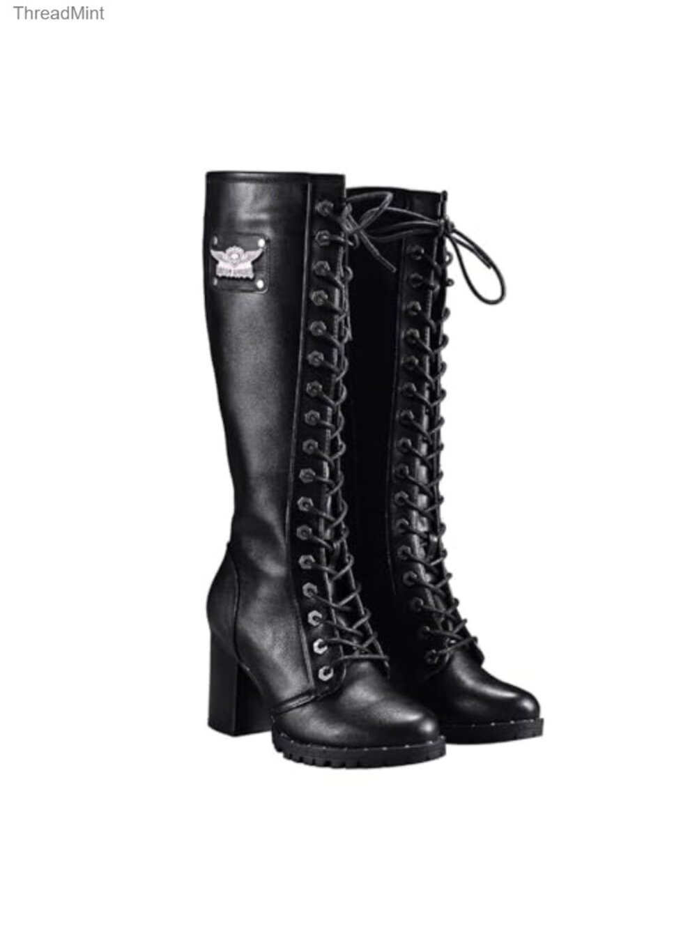 Faux Leather Lace Up Knee High Boots Motorcycle Riding Chunky Heel Biker